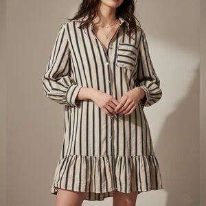 CINQ A SEPT Arlette Striped Ruffle Mini Shirtdress Khaki Black